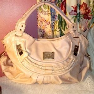 LIGHT PINK EXTRA LARGE SATCHEL HANDBAG W/ SILVER HARDWARE AND BRAIDED ROPE DECOR
